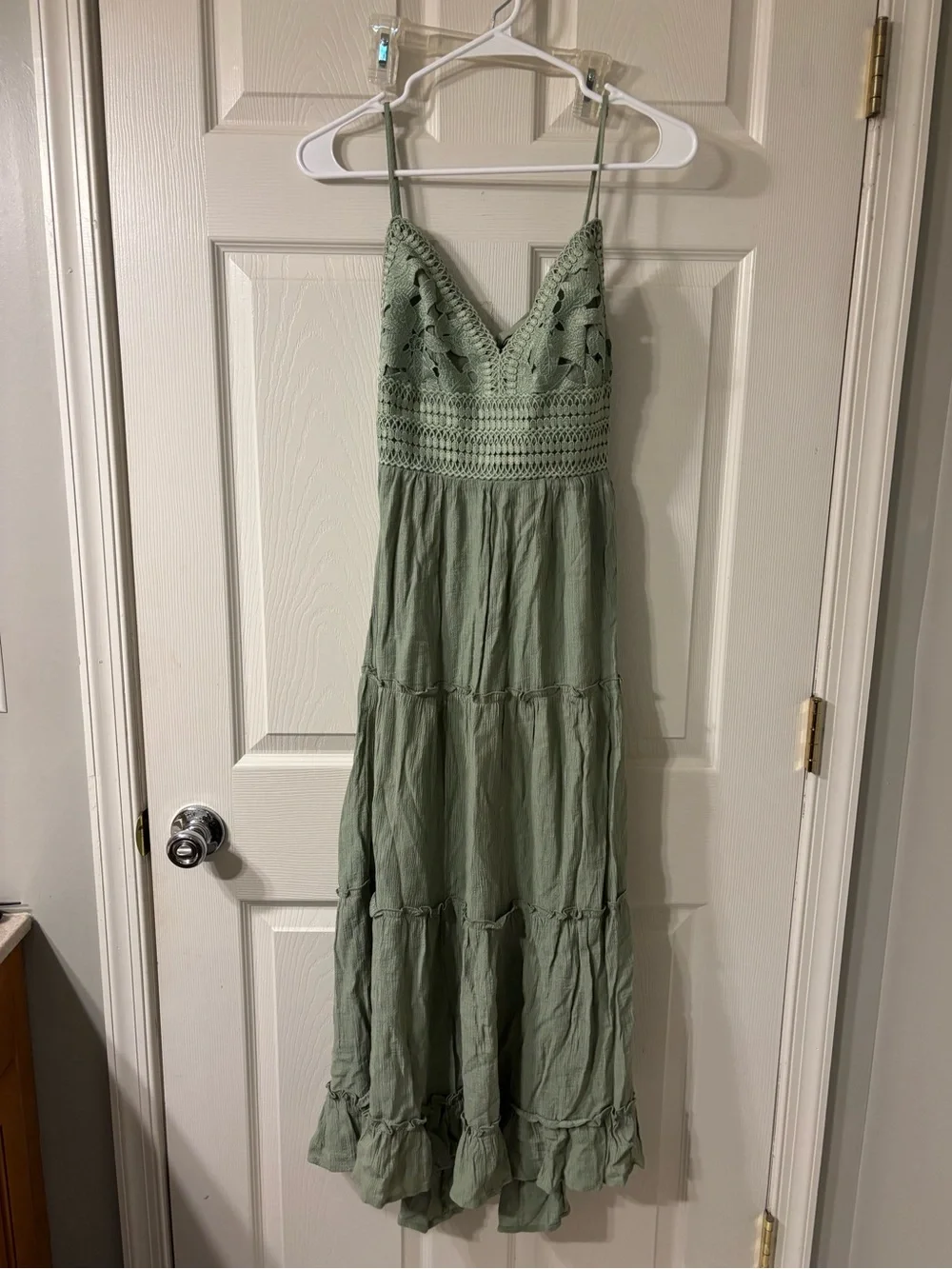 Spaghetti Strap Green Crotchet Maxi Dress